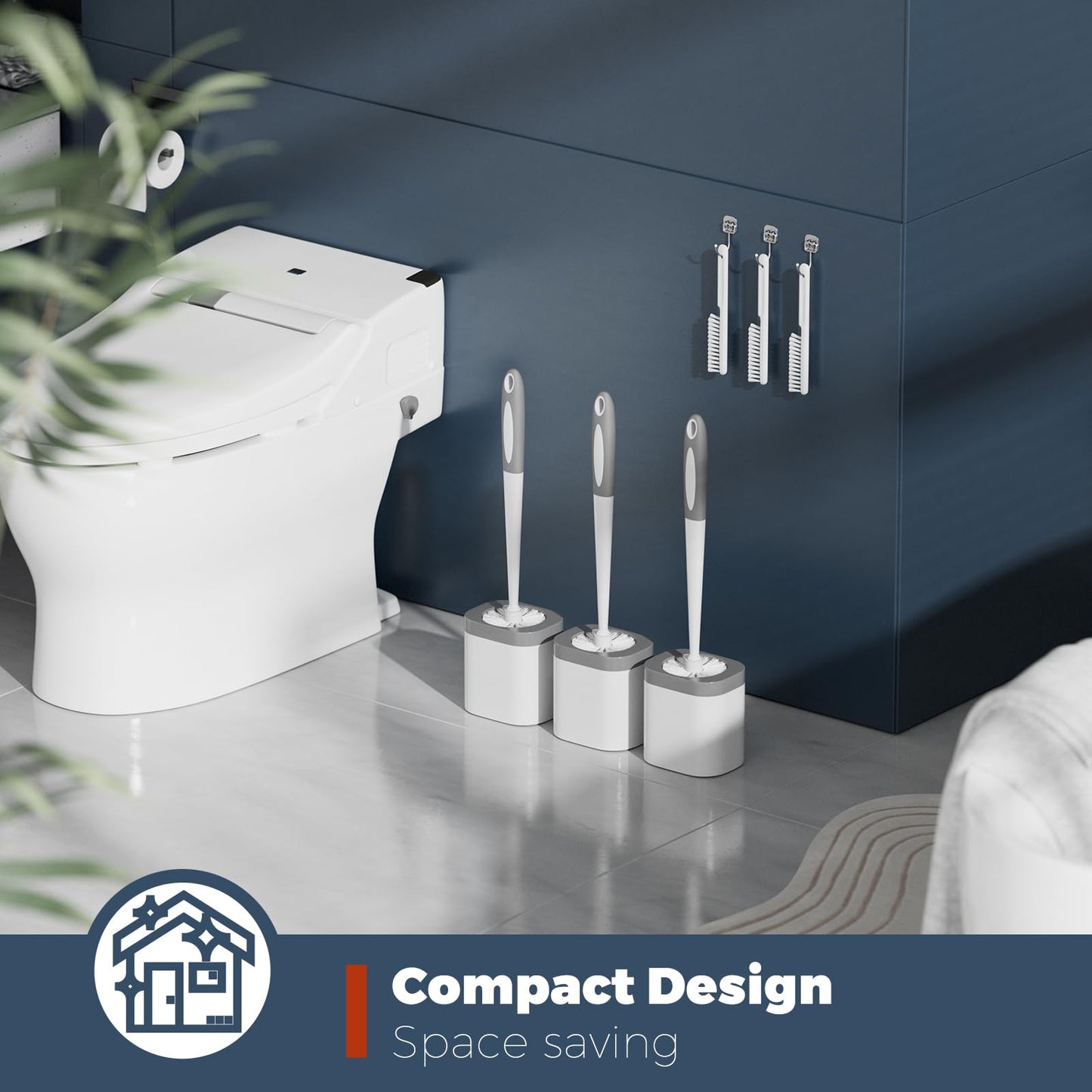 Holaloha 3 Pack Toilet Brush and Holder Set – Bathroom Accessories with Crevice Brushes, Toilet Scrubber Brush (White)