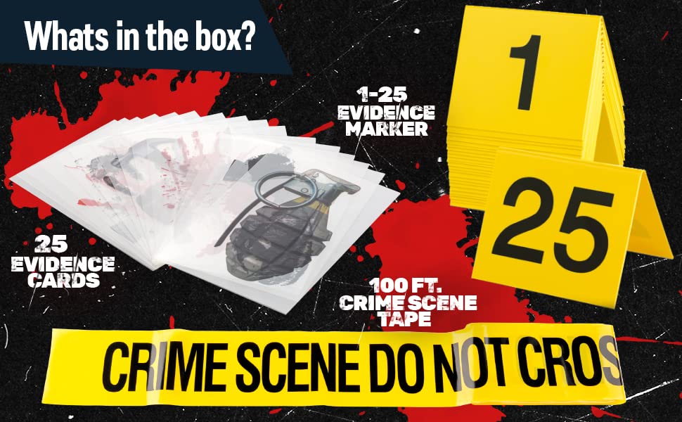 Halloween Crime Scene Decorations Kit – Mystery Party Supplies with Crime Scene Tape, 25 Yellow Evidence Markers & 25 Crime Object Cards