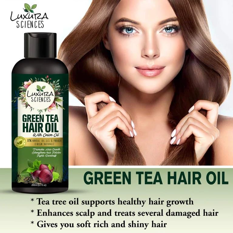 Luxura Sciences Green Tea Oil for Hair Growth | Controls Dandruff & Hair Loss | Root Strengthening Oil | Makes Hair Soft, Shiny & Thick | 6.76 Fl