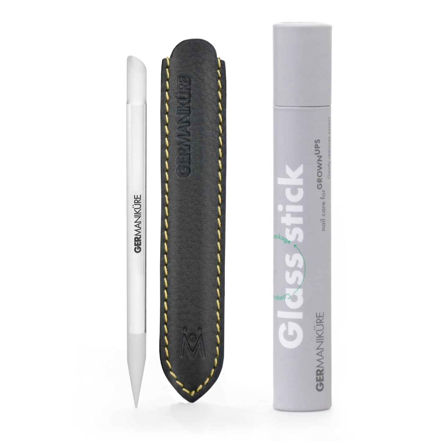 GERMANIKURE Clear Glass Cuticle Stick in Leather Sleeve - Ethically Made in Czech Republic - Cuticle Pusher & Remover, Callous & Dry Skin Fingertip