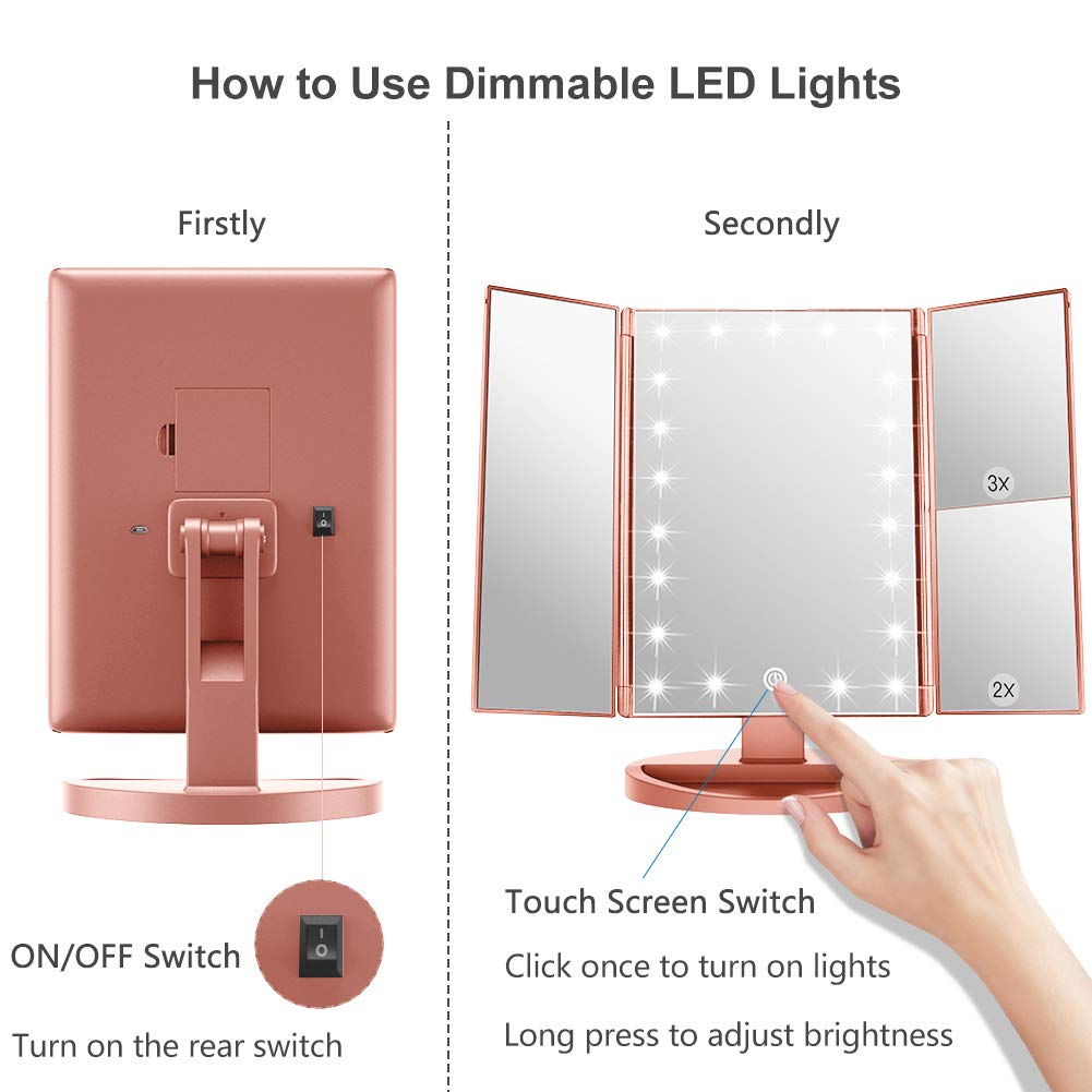 WEILY Makeup Mirror with 21 LED Lights,Two Power Supply, Touch Screen and 1x/2x/3x Magnification Tri-Fold Vanity Mirror for Makeup Desk(Rose Gold)