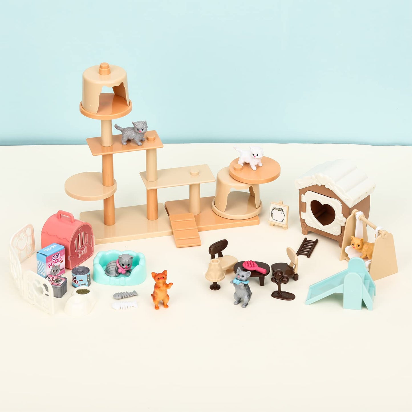 TQQFUN 43-Piece Cat Figurine Playset - Realistic Pet Care Center Role Play Toys for Kids, Toddlers, Boys and Girls
