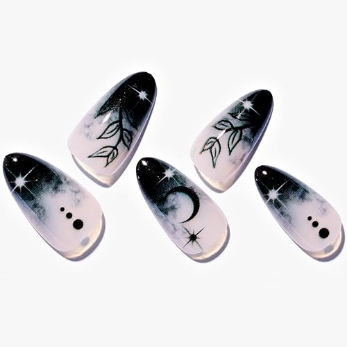 GLAMERMAID Press on Nails Medium Almond, Gothic Black Ombre French Tip Gel Glue on Nail, Glossy Short Stiletto Reusable UV Finish Fake Nails Acrylic