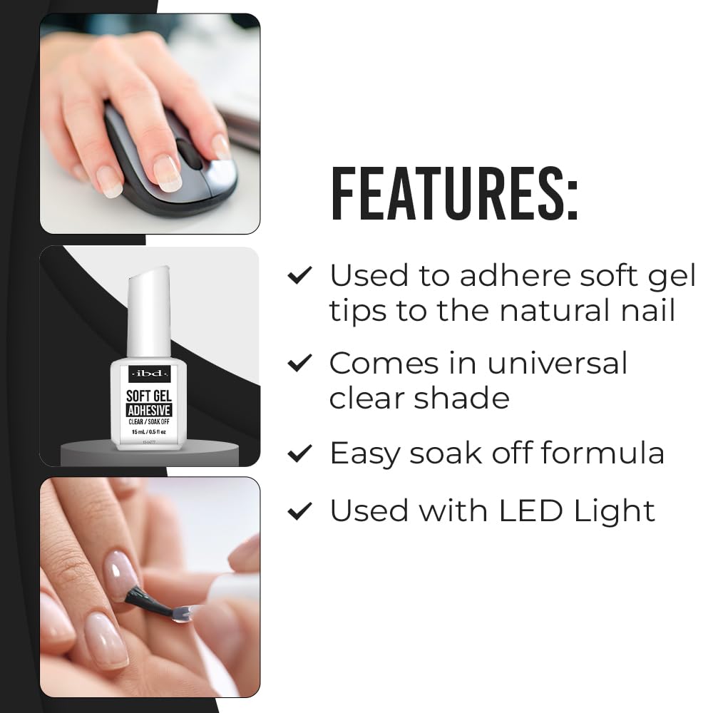 IBD Soft Gel Nail Adhesive - Clear Gel Nail Glue for Fake Nails, Tips, & Acrylic Extensions, Durable, Easy Soak-Off Bond, 0.5 fl oz Beauty & Personal Care IBD