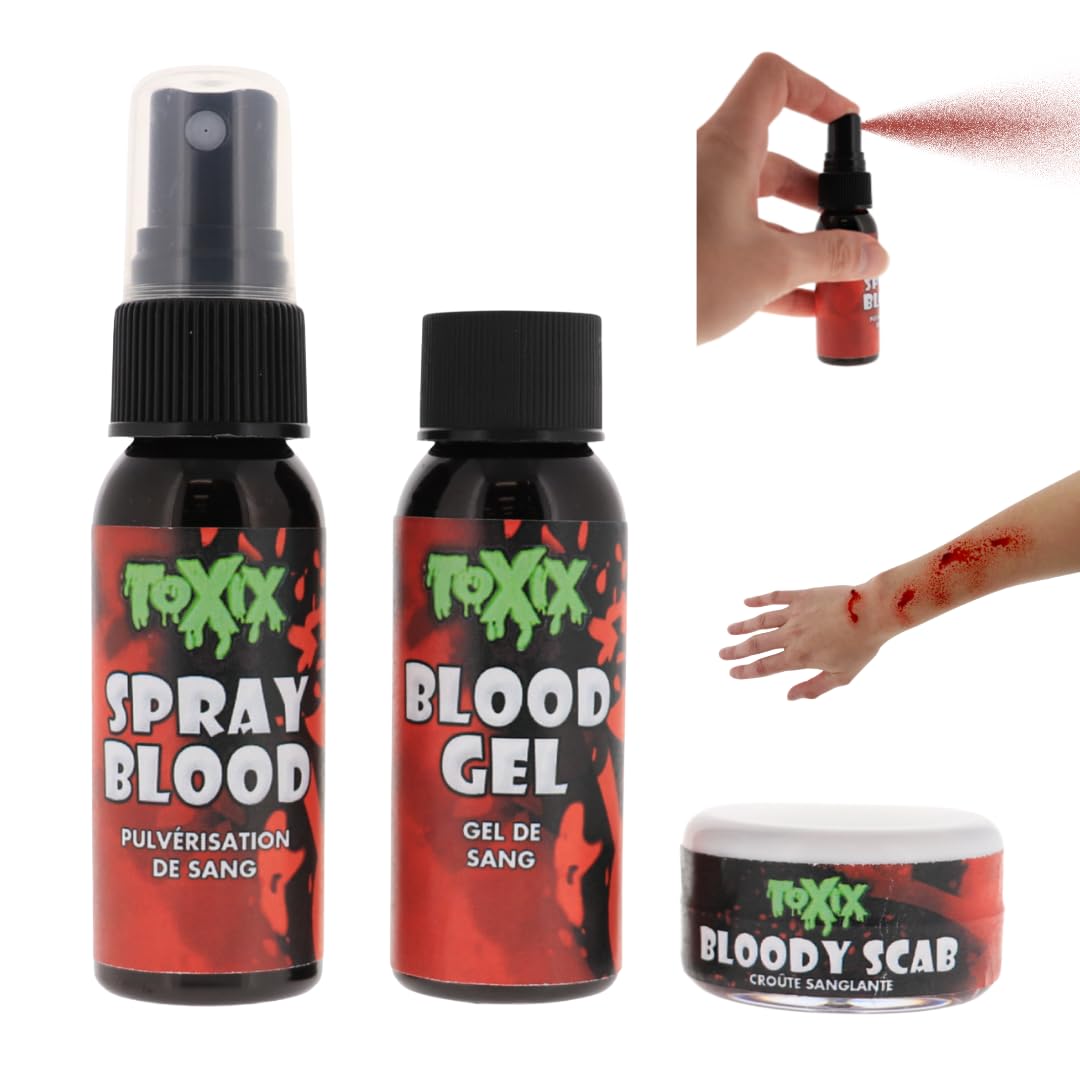TOXIX 3PCS Halloween Fake Blood Kit- Spray Blood 1FL OZ + Blood Gel 1FL OZ + Bloody Scab 30 Grams, Washable Realistic Special FX Makeup, Zombie