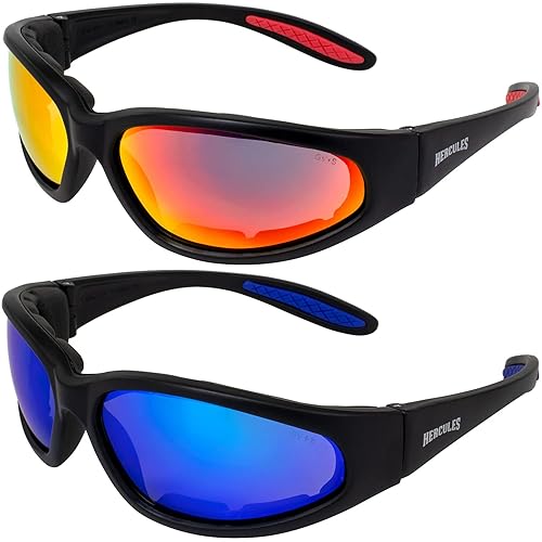 Global Vision Hercules Plus Safety Sunglasses 2 Pair Black Frames G Tech Red + Blue Mirror Lenses Lenses