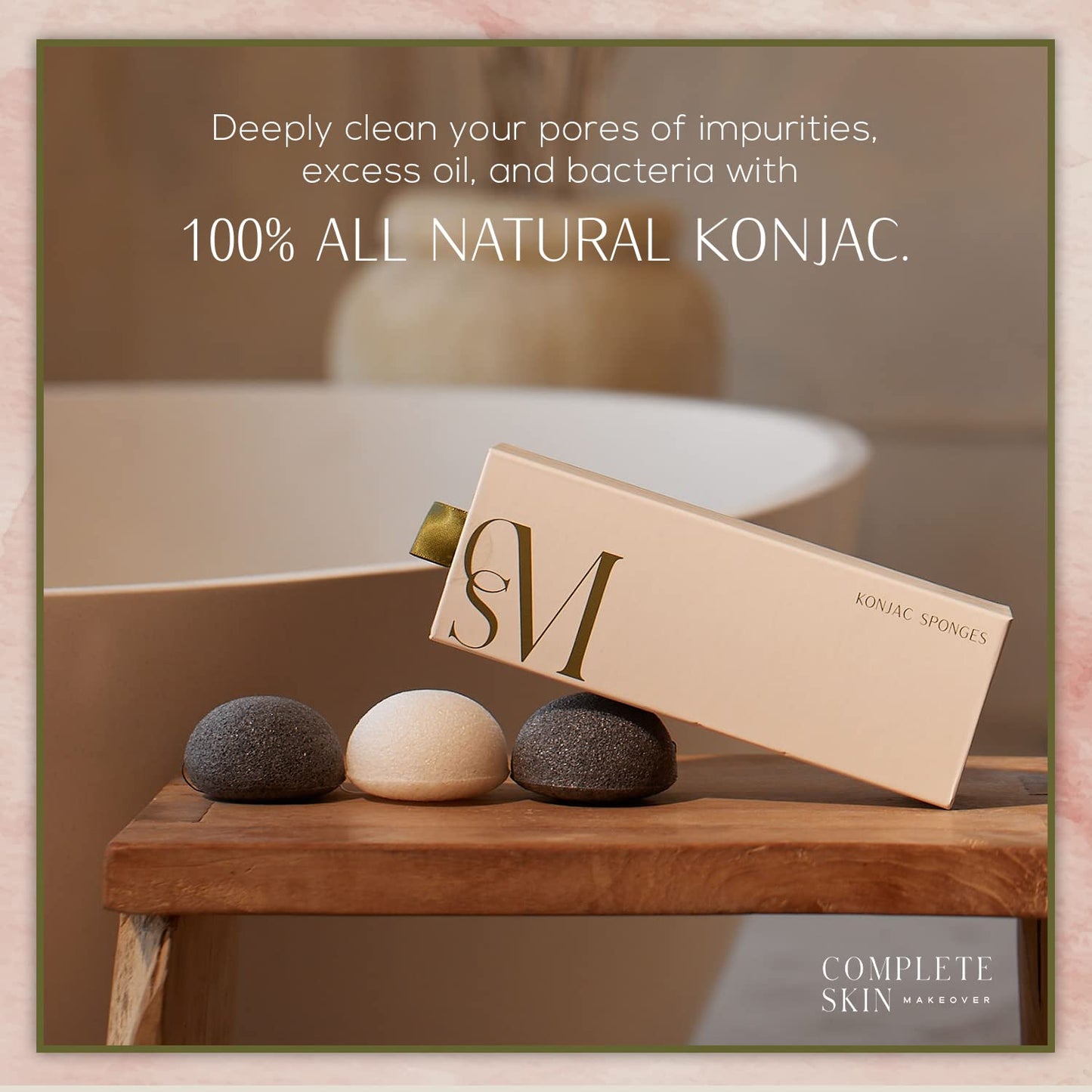 CSM Organic Konjac Sponges 3-Pack for Gentle Exfoliating - Facial Cleansing Sponge with Activated Bamboo Charcoal to Clean Pores, Remove Impurities