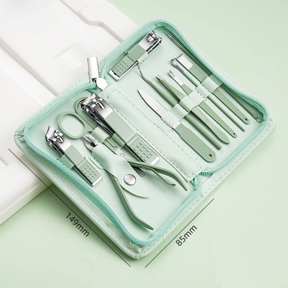 12-Piece Nail Care Kit, Mint Green Leather Travel Case,Manicure Set Personal Care, Nail Clipper Kit,Nail Tools with Luxurious Travel Case, Gifts