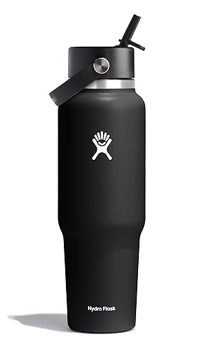 Hydro Flask Travel Water Bottle - Insulated Stainless Steel - Wide Straw Lid, Non Spill, Leakproof in 40 Oz Black