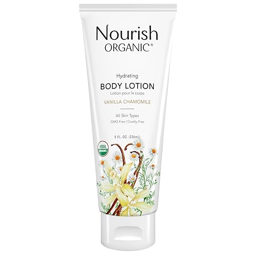 Nourish Organic Body Lotion, Almond Vanilla - Hydrating Body Lotion for Dry Skin with Aloe Vera & Shea Butter (8 Oz) + Washable Cotton Round