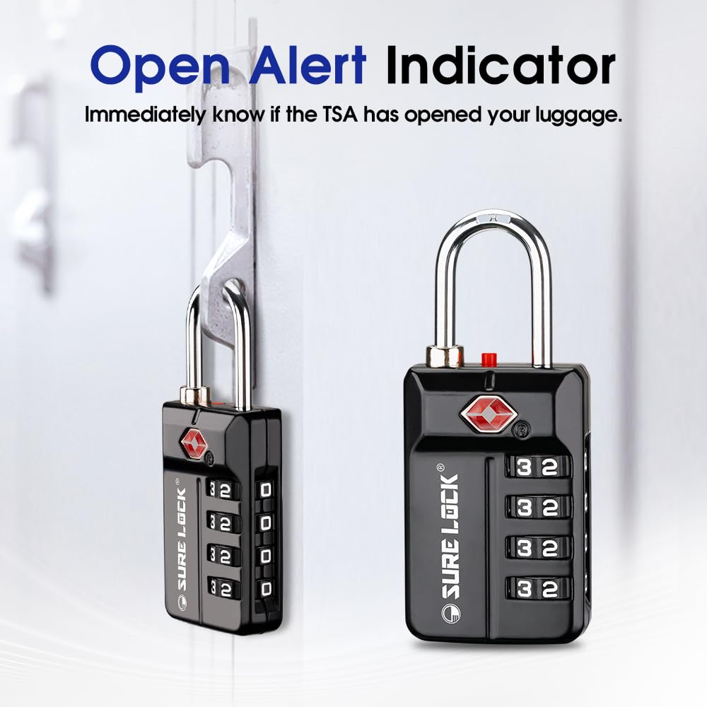 SURE LOCK TSA Approved Luggage Locks 2 Pack – 4-Digit Resettable Combination with Open Alert, Easy-Read Dials for Suitcases, Lockers & Gym (Black)