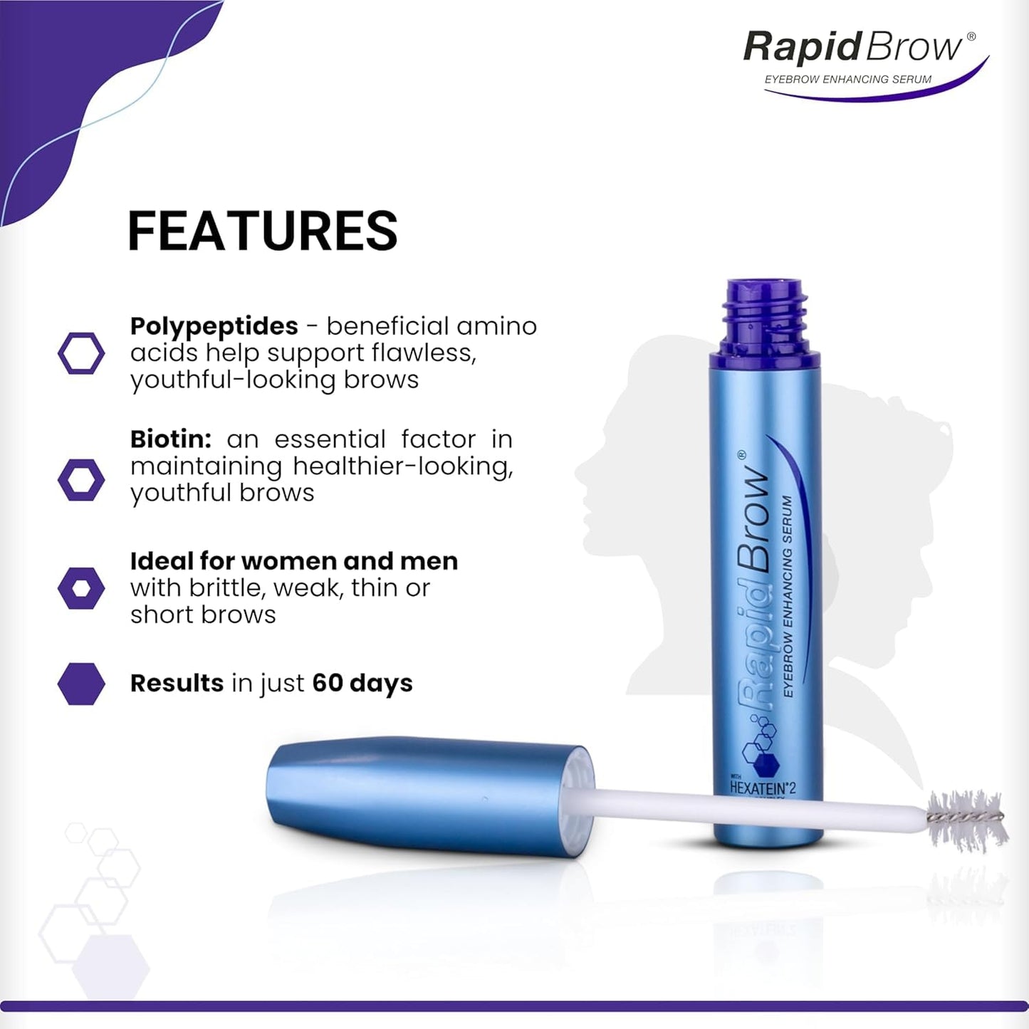 rapidBrow Eyebrow Enhancing Serum 3 mL - Hydrating Hair Serum for Visibly Thicker-Looking Brows with Hexatein 2 Complex