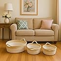 Set of 3 Paper Rope Storage Baskets with Handles - Handwoven Decorative Organizer Bins for Shelf, Closet, or Laundry - Natural Beige & White Home…