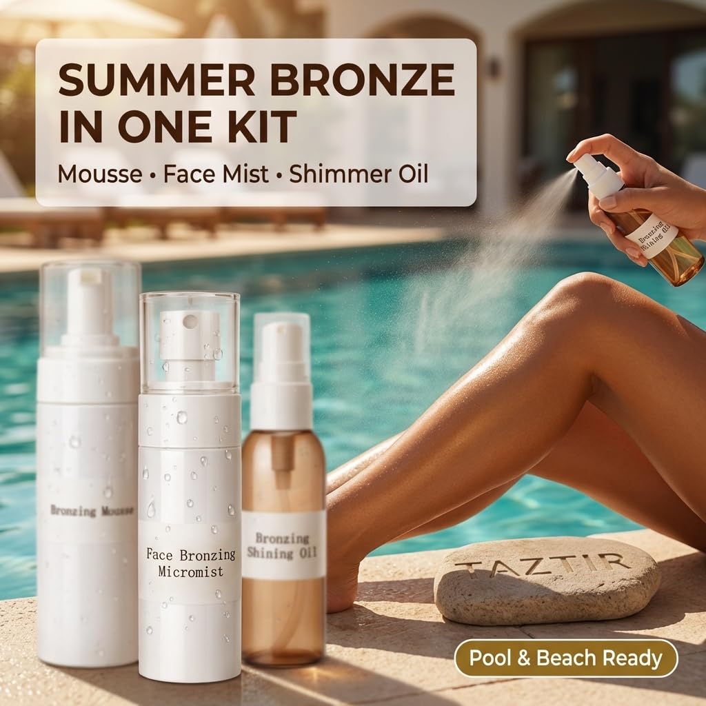 TAZTIR Antique Bronze Mousse Face Bronzer Micro-Mist Spray with Bronzer Shining Oil Set, Mousse/Spray/Oil Trio Set, Natural Bronzer, Moisturizing