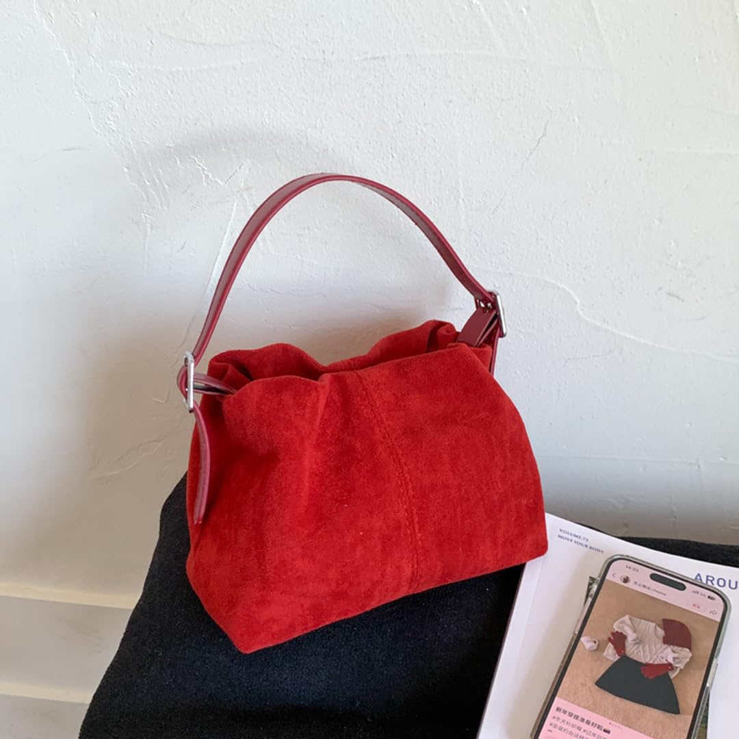 Suede Hobo Bags for Women Suede Tote Handbag Drawstring Bucket Bag Slouchy Crossbody Shoulder Bag Satchel Everyday Purse (Red)