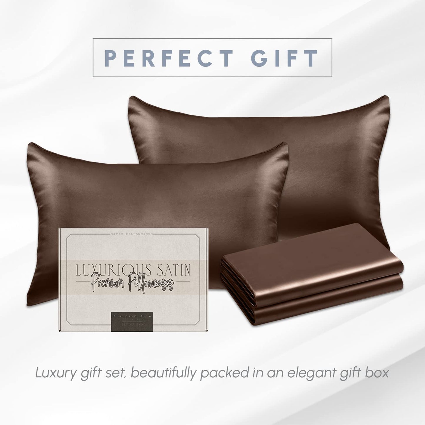 Elegant Comfort 4-PACK Chocolate Brown Satin Pillowcase Set with Hidden Zipper closure, Silky Smooth for Hair and Skin Care-Beautiful Gift Box-4-Piece
