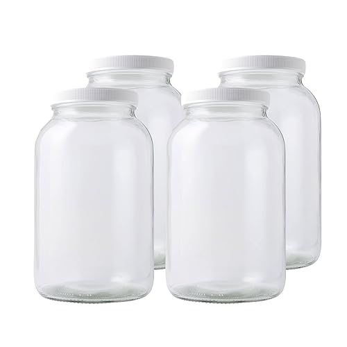 FastRack 1 Gallon Mason Jar with White Airtight Lid (Pack of 4) | Regular Glass Canisters with Airtight Lids | Large Mouth Glass Jar for Food…