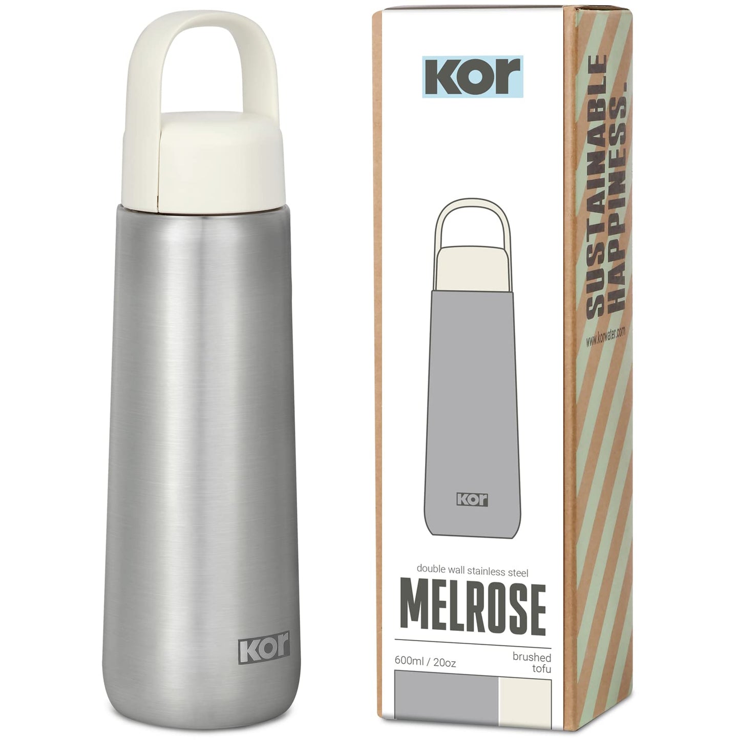 Kor Melrose 20oz Double Wall Insulated Water Bottle - Keeps Beverages Hot for 12hrs, Cold for 24hrs - Stainless Steel Design - Contoured Perfect