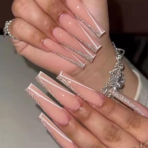 MISUD Press on Nails - Long Coffin Fake Nails with Pink, Acrylic Bling Glitter Design 24 pcs