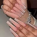 MISUD Press on Nails - Long Coffin Fake Nails with Pink, Acrylic Bling Glitter Design 24 pcs