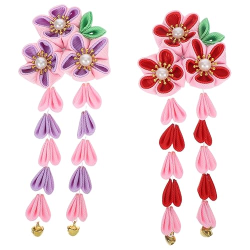 2pcs Womens Girls Kimono Traditional Tsumami Kanzashi Outfit Wedding Japanese Asian Yukata Hair Tie Flower Floral Fan Barrette Clip (Pink/Red