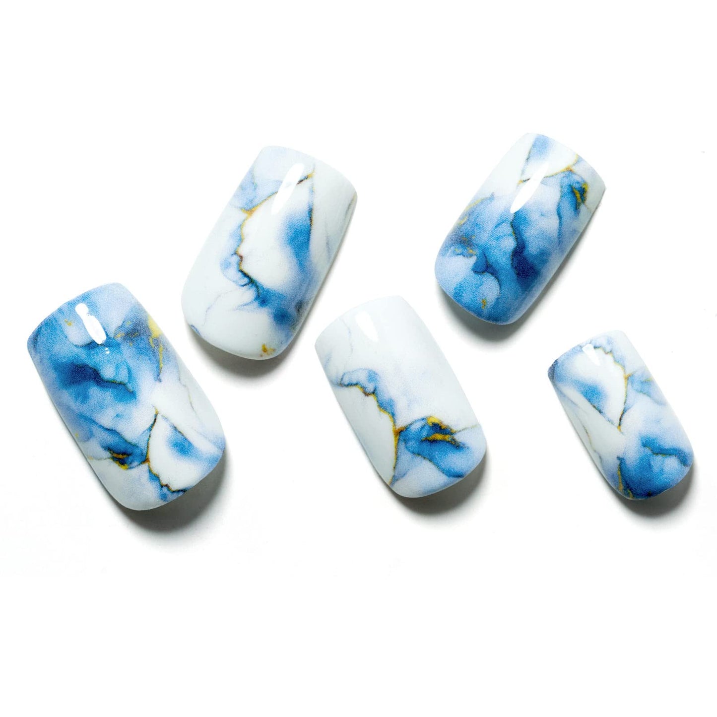 Marble Press on Nails Short Square GLAMERMAID, Blue Gold Acrylic Fake Nails with Design Luxury Stick Glue on Nails Reusable Glossy False Nail Sets