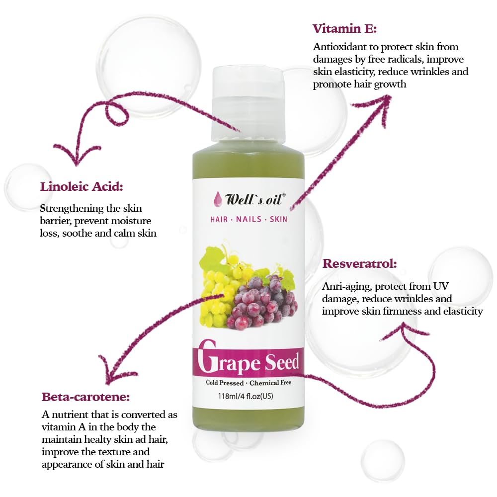 GRAPESEED OIL | 4oz (118ml) | All-Natural | For Hair, Skin & Nails | Moisturizer for Sensitive Skin Types | Refined, Cold Pressed | by Well's Oil