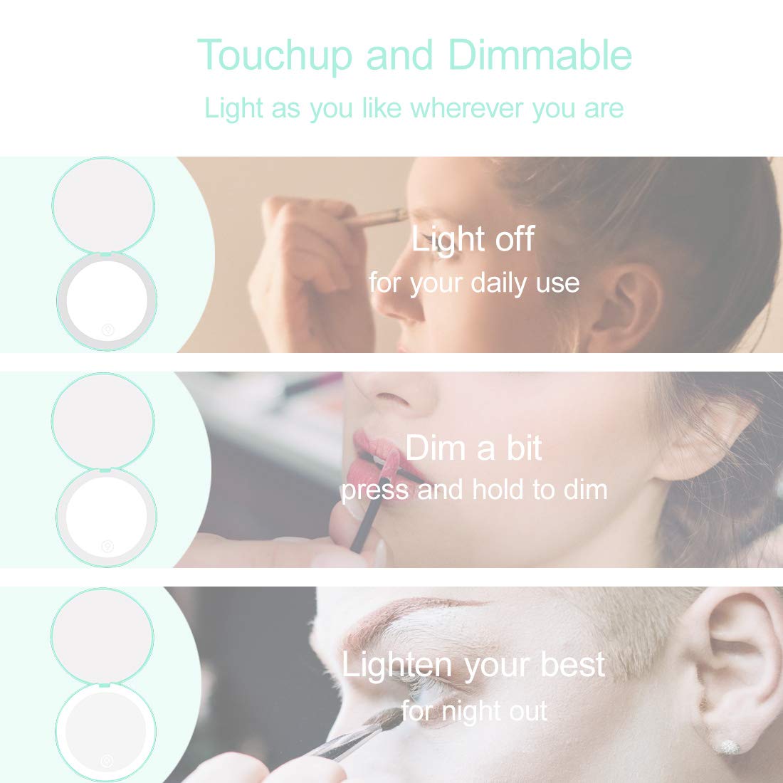 Milishow Compact Mirror with LED Light,1x/10x Magnifying Rechargeable Mirror,3.5in, Dimmable Travel Mirror for Purse,Pocket,Handheld 2-Sided Makeup