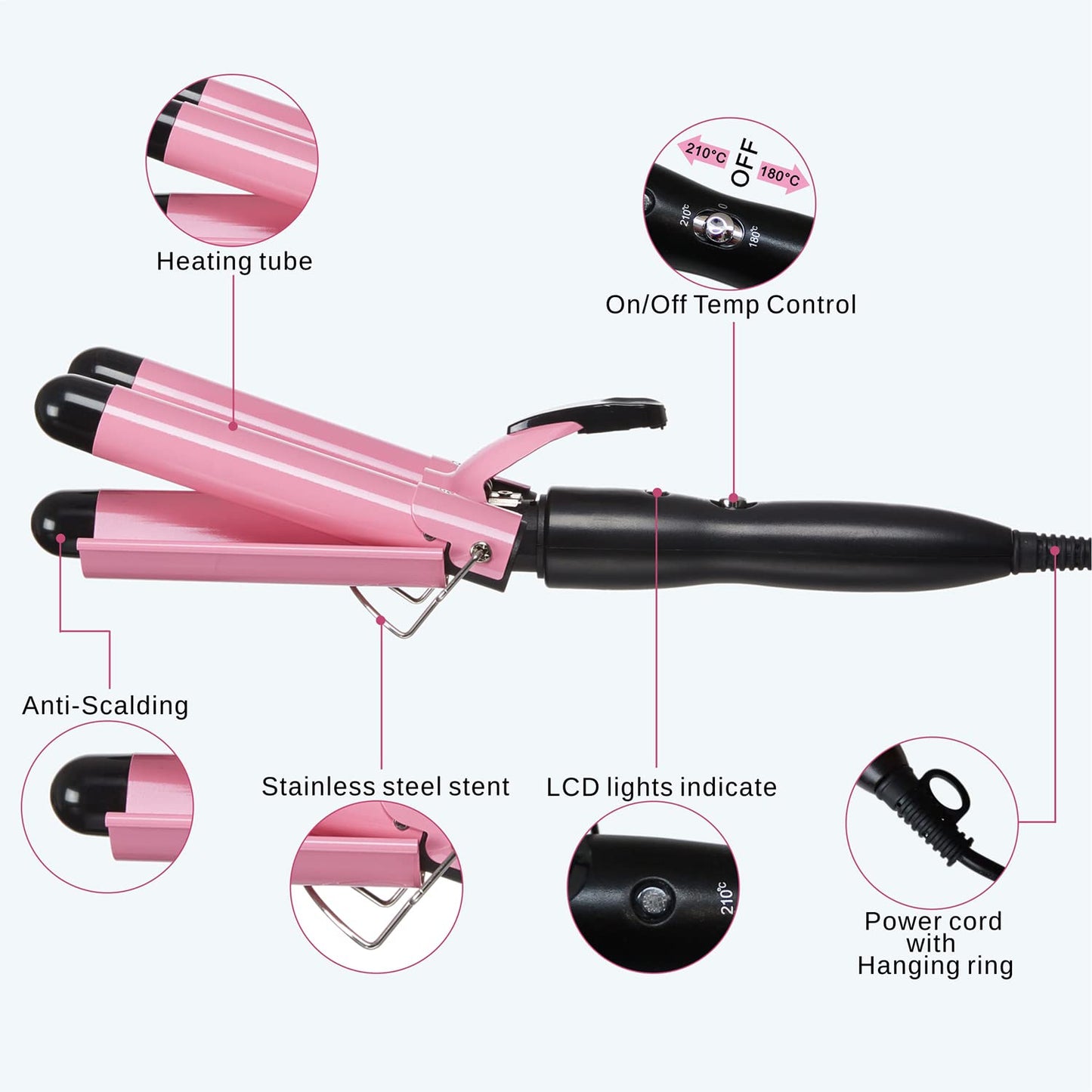 TOP4EVER 3 Barrel Curling Iron, 1 inch Crimper Hair Tool,Crimping Waver for Women Beach Waves with Two Temperature Settings, Pink Beauty and Personal Care TOP4EVER