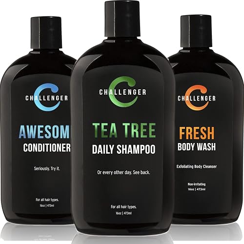Challenger Men’s Tea Tree Shampoo, Conditioner, & Fresh Body Wash Trio, 3X 16 Oz Bottles | Sulfate Free w/Vitamins, Argan Oil, Biotin | Keratin