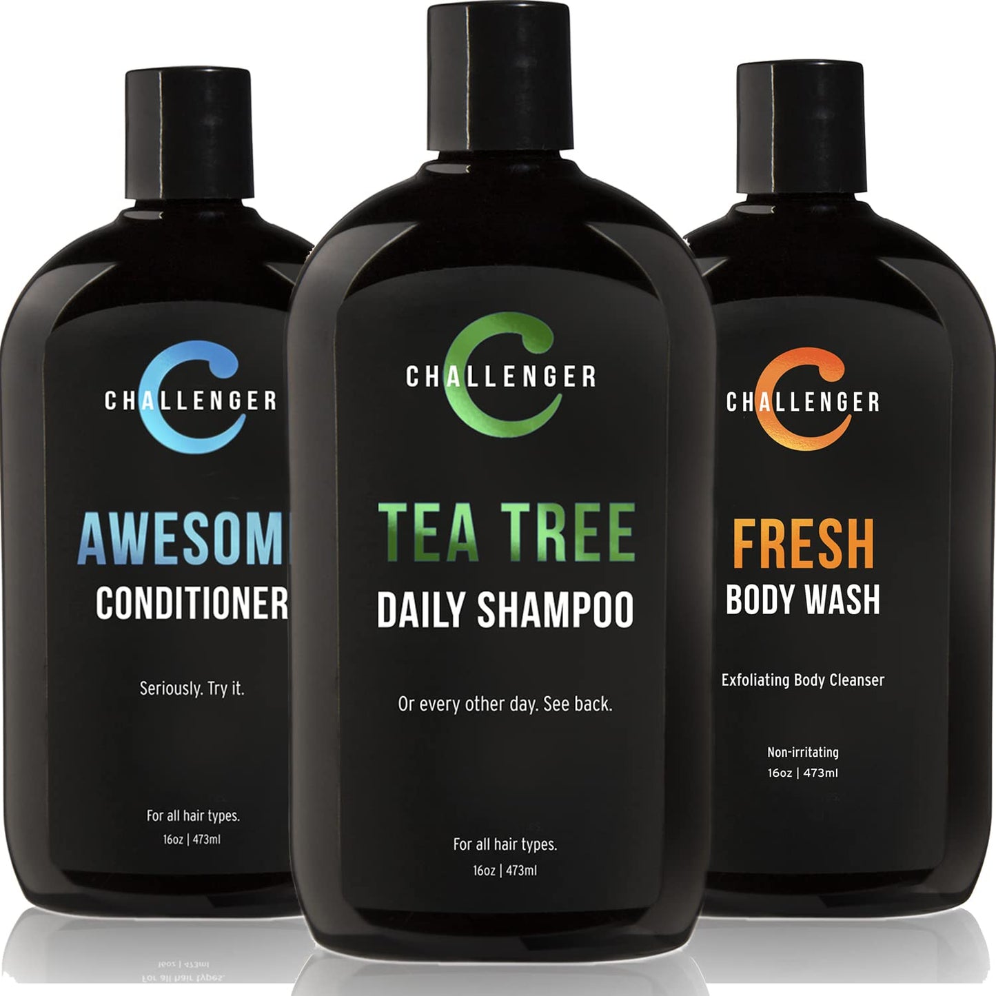 Challenger Men’s Tea Tree Shampoo, Conditioner, & Fresh Body Wash Trio, 3X 16 Oz Bottles | Sulfate Free w/Vitamins, Argan Oil, Biotin | Keratin