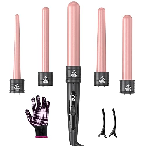 5 in 1 Curling Iron Wand Set, Hair Curling Iron Interchangeable Ceramic Barrels (0.35 to 1.25 Inch), Barrel Heat Protective Glove 2 Clips, Dual