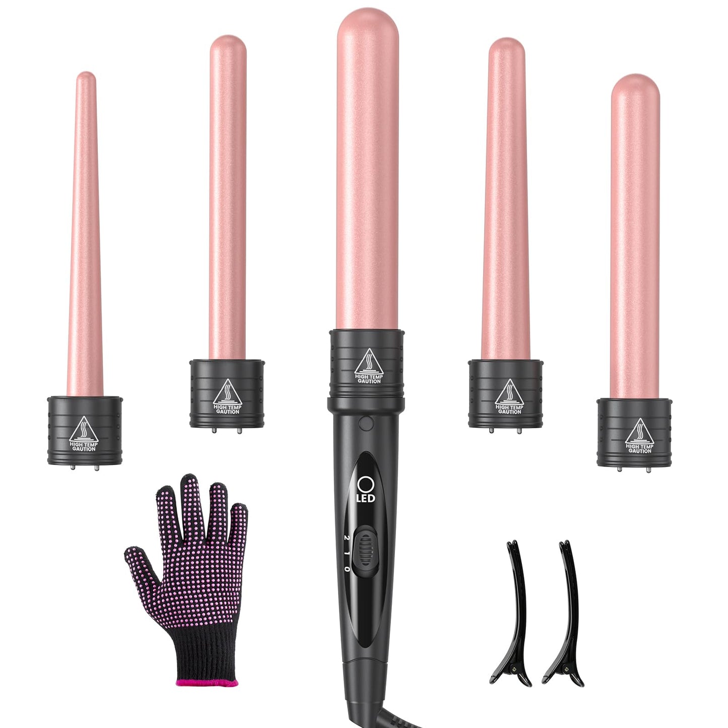 5 in 1 Curling Iron Wand Set, Hair Curling Iron Interchangeable Ceramic Barrels (0.35 to 1.25 Inch), Barrel Heat Protective Glove 2 Clips, Dual