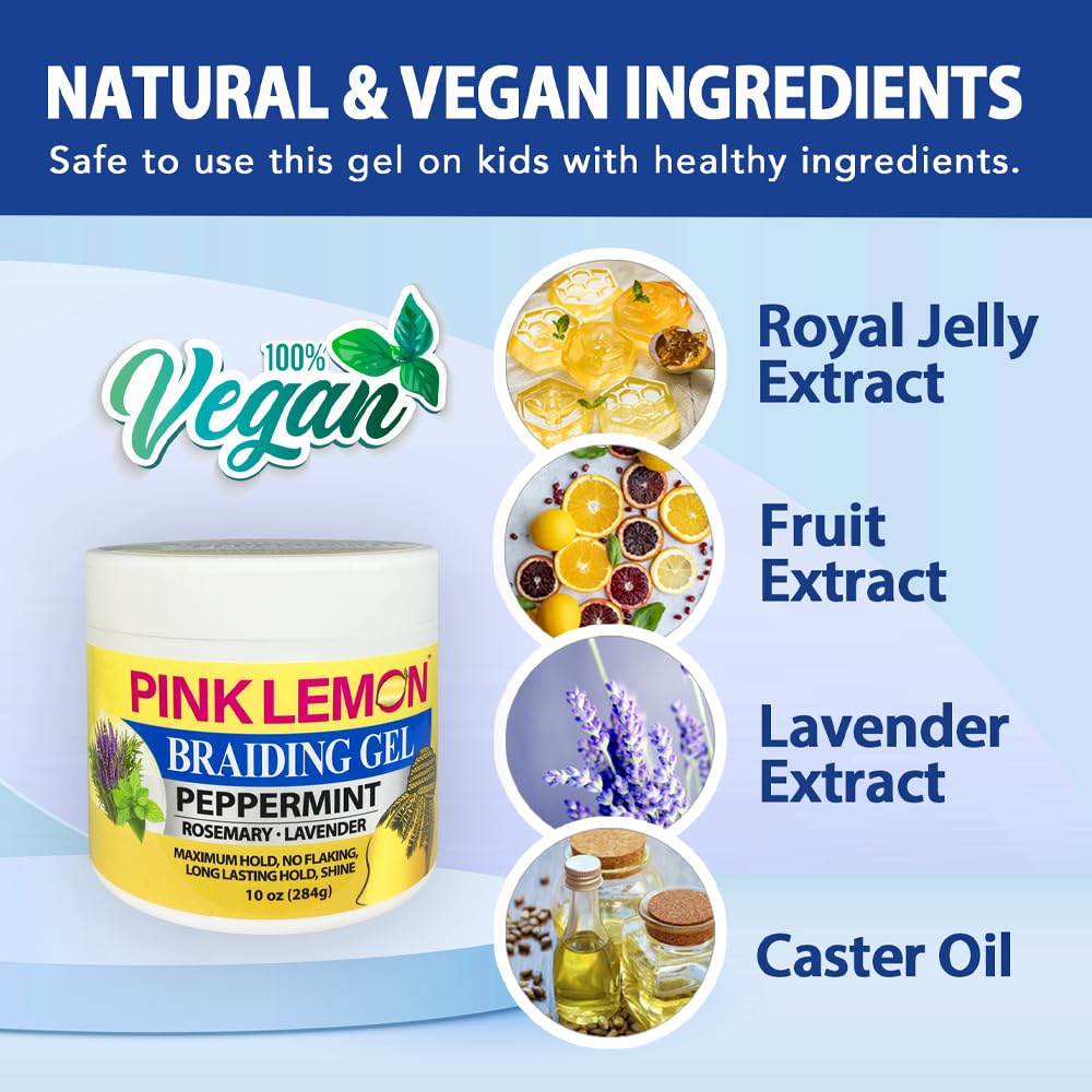 PINK LEMON Braiding Gel Peppermint - Maximum Hold, No Flaking, Long Lasting Hold, High Shine. For Micro, Inter, Dread, Faux, Loc, Twist, Braid, Edge