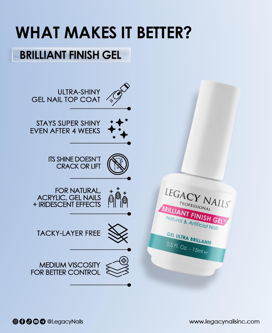Legacy Nails Professional BRILLANT FINISH GEL 0.5oz - High-Gloss Top Coat for Natural, Acrylic, Gel, Fiberglass & Silk Nails - Chip-Resistant Beauty & Personal Care LEGACY NAILS