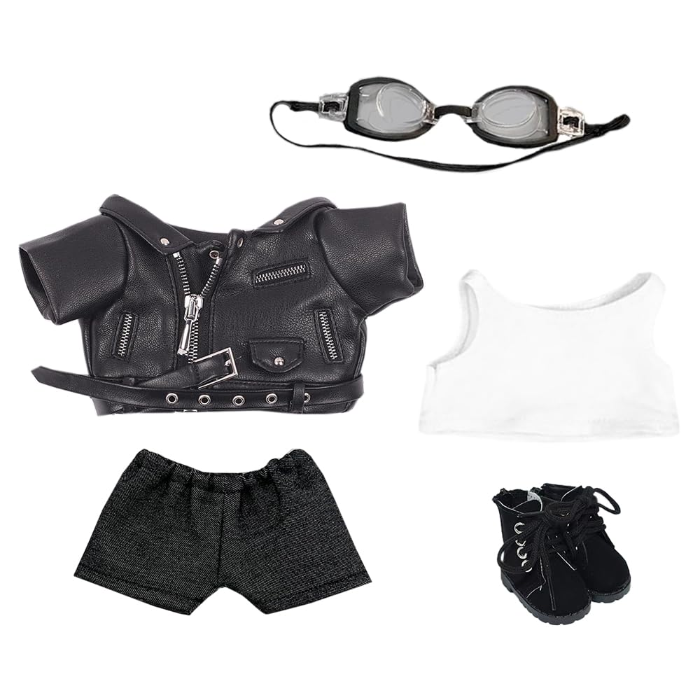 niannyyhouse 20cm Plush Doll Clothes Leather Coat Jeans Glasses Vest Shoes Jacket Outfit 8in Dolls Dress Up (Black-20cm)