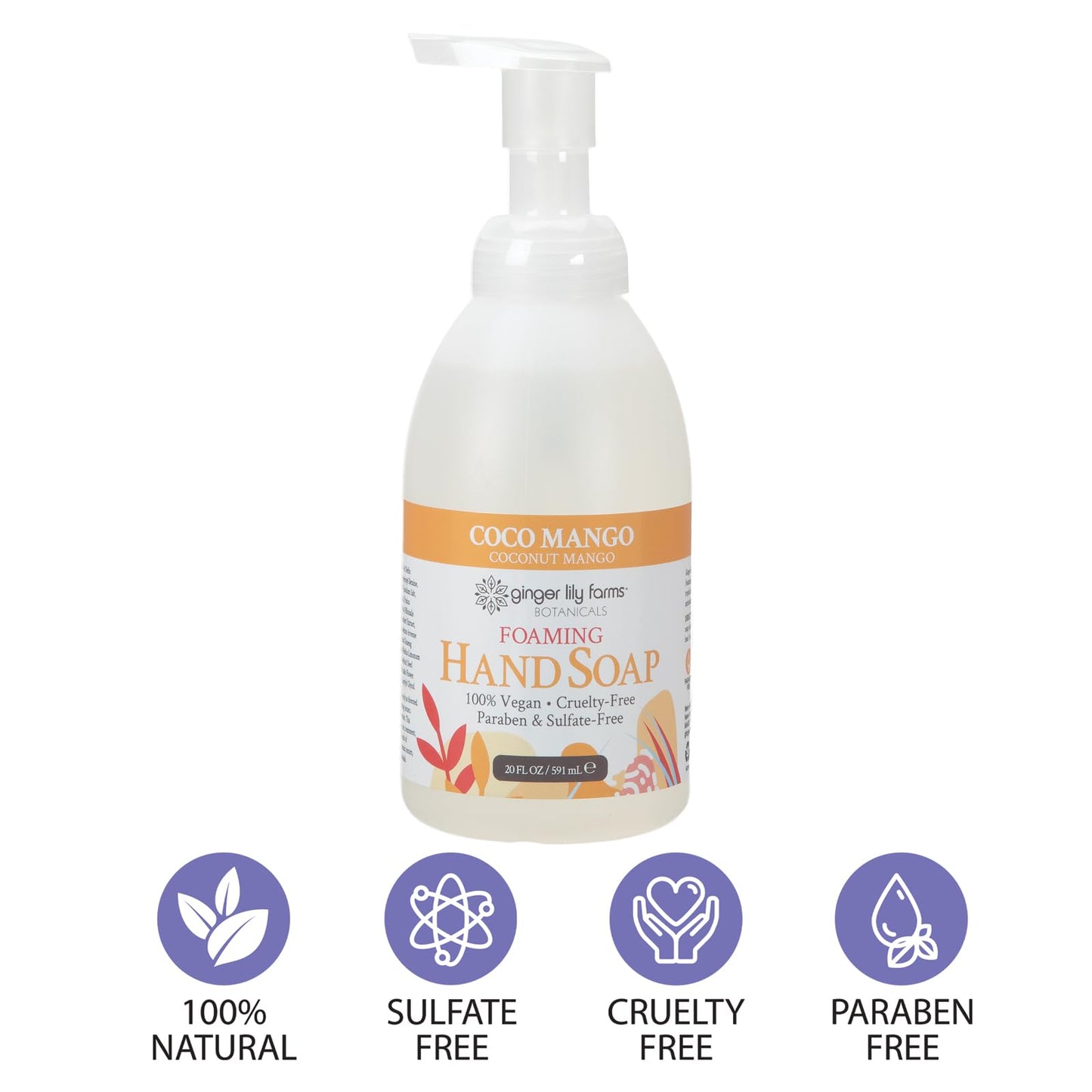 Ginger Lily Farms Botanicals All-Purpose Foaming Hand Soap Refill, Coco Mango, 100% Vegan & Cruelty-Free, Coconut Mango Scent, 20 Fl Oz (Pack of 8)