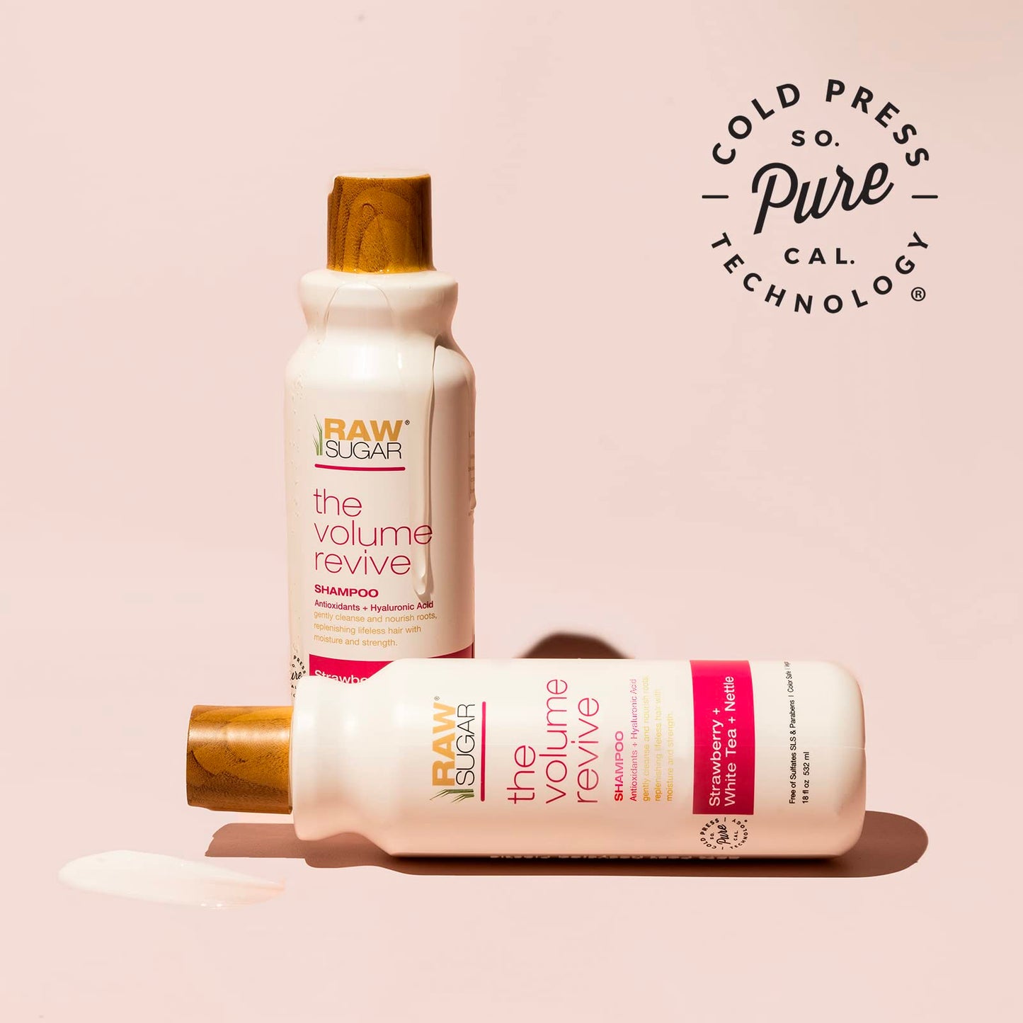RAW SUGAR Volume Revive Shampoo. Antioxidants + Hyaluronic Acid. Strawberry + White Tea + Nettle. 18 Fl Oz Bottle