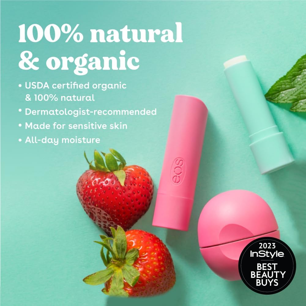 eos 100% Natural & Organic Lip Balm Sticks - Strawberry Sorbet, All-Day Moisture for Sensitive Skin, Dermatologist Recommended, 0.14 oz, 2-Pack