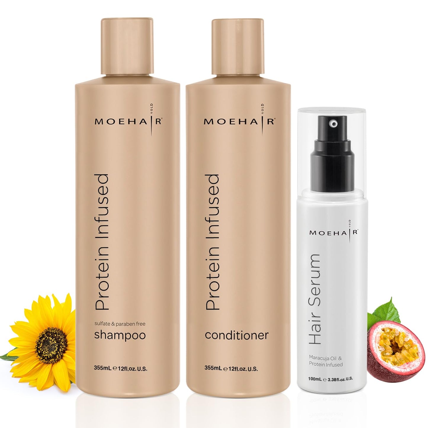 Moehair Protein Infused Shampoo and Conditioner with Hair Serum Pack | Sulfate and Paraben Free Shampoo | Revitalize Dull, Weak and Damaged Hair |