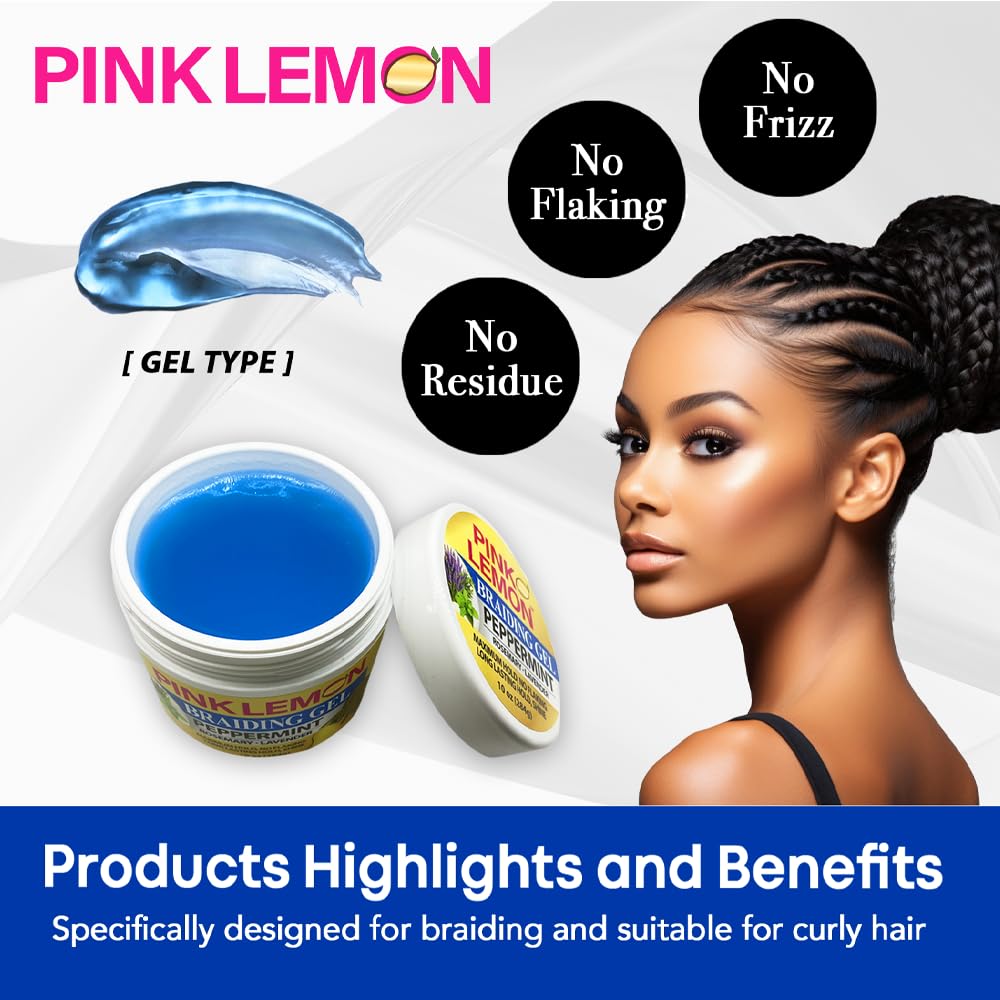 PINK LEMON Braiding Gel Peppermint - Maximum Hold, No Flaking, Long Lasting Hold, High Shine. For Micro, Inter, Dread, Faux, Loc, Twist, Braid, Edge