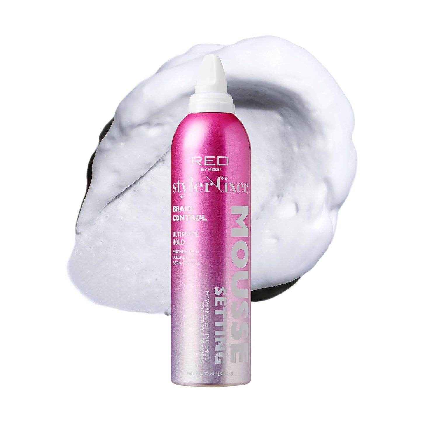 Red by Kiss Setting Mousse Braid Frizz Control, Curl Definition, Shine, Maximize Volume, Ultimate Hold, Long Lasting, Non Sticky Creamy Foam Style