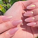 GLAMERMAID Press on Nails Medium Almond, Handmade Glossy Gel Nude Pink Golden Glitter Galaxy Fake Nails Shinny Stiletto, Short Oval Pearl Shimmer
