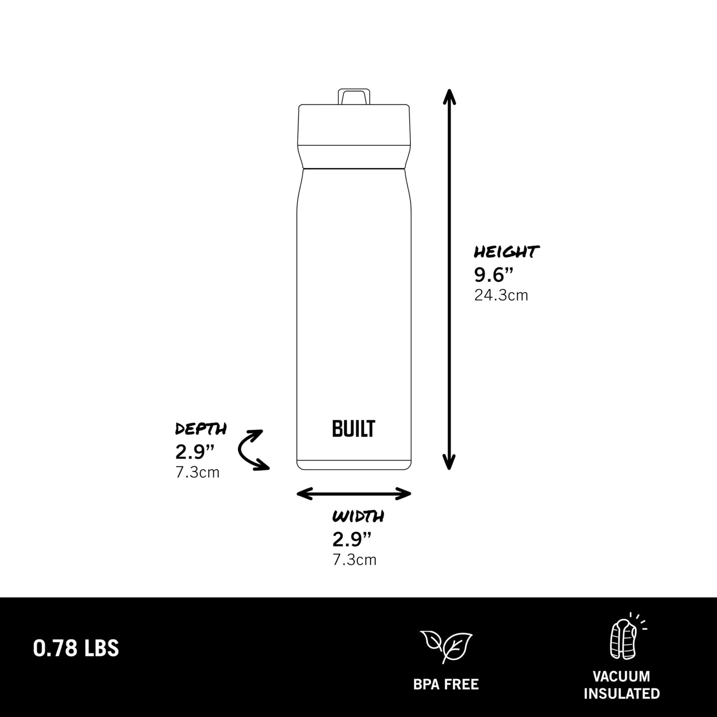 BUILT 20 fl oz Double-Walled Stainless Steel Wide Mouth Cascade Bottle, Straw Lid Spill-resistant Travel Cup with Rubber Grip Keep Drinks Cold Hot