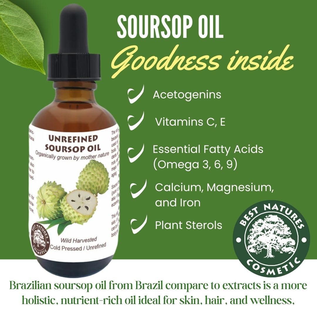 Best Nature's Cosmetics Organic Soursop Oil (Anona Muricata, Graviola, Guanabana) - Unrefined Soursop Oil, 100% Pure, Organic, Cold-Pressed - 2oz