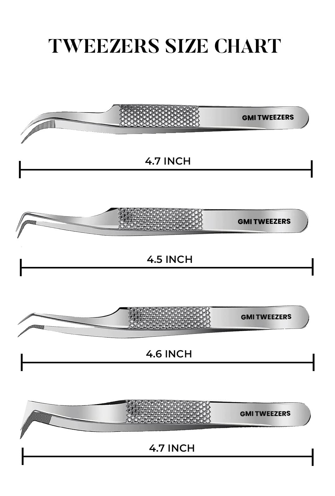 GMI Lash Tweezers - Pack of 4 Stainless Steel Fiber Tip Eyelash Extension Tweezers