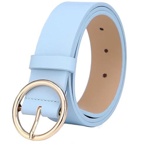 MESHIKAIER Women Fashion PU Leather Belt Casual Waist Belt with Round Metal Buckle (Blue)