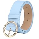 MESHIKAIER Women Fashion PU Leather Belt Casual Waist Belt with Round Metal Buckle (Blue)