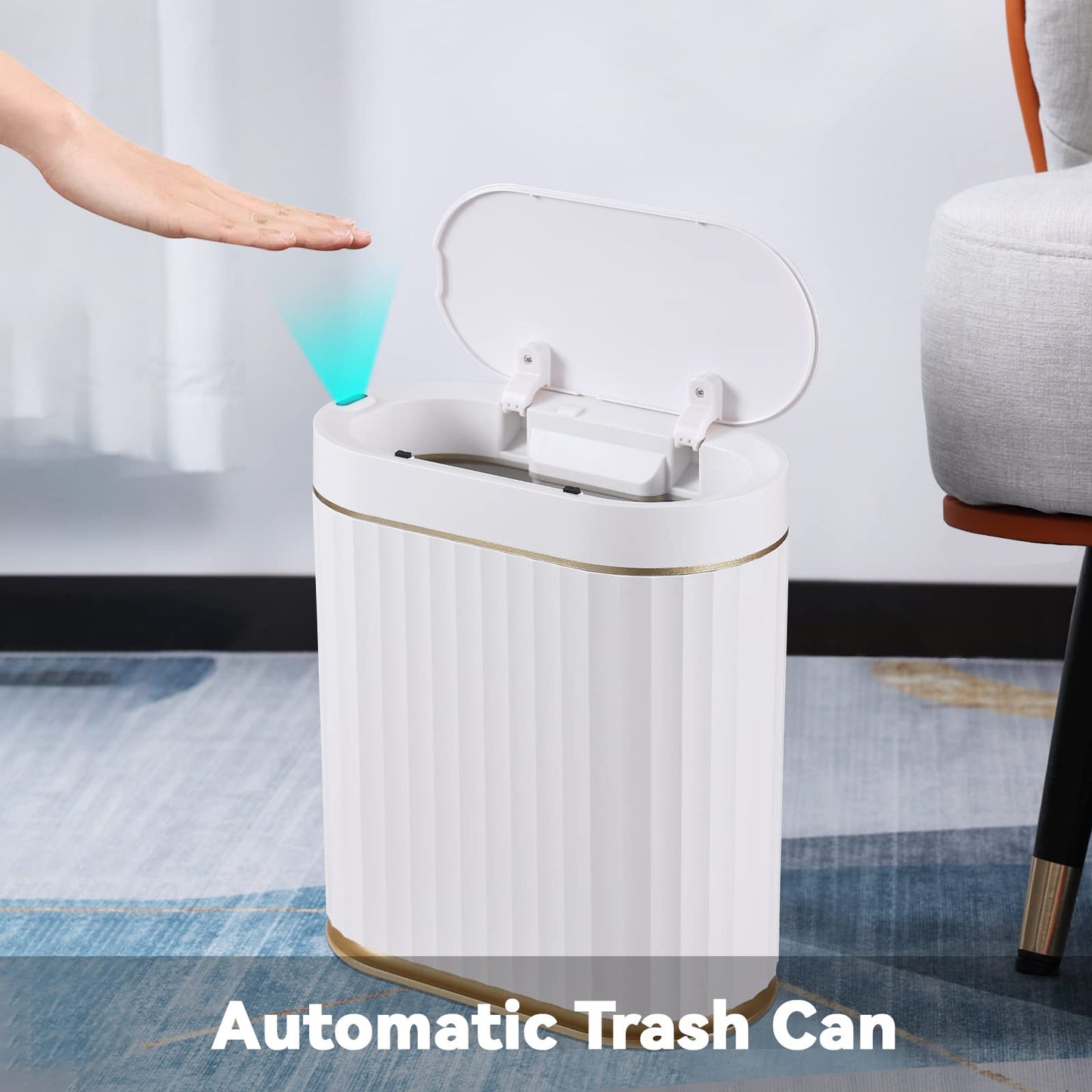 ELPHECO Automatic Motion Sensor Trash Can - 2 Gallon Slimline for Bathroom, Bedroom, Kitchen, Office - White with Gold Trim