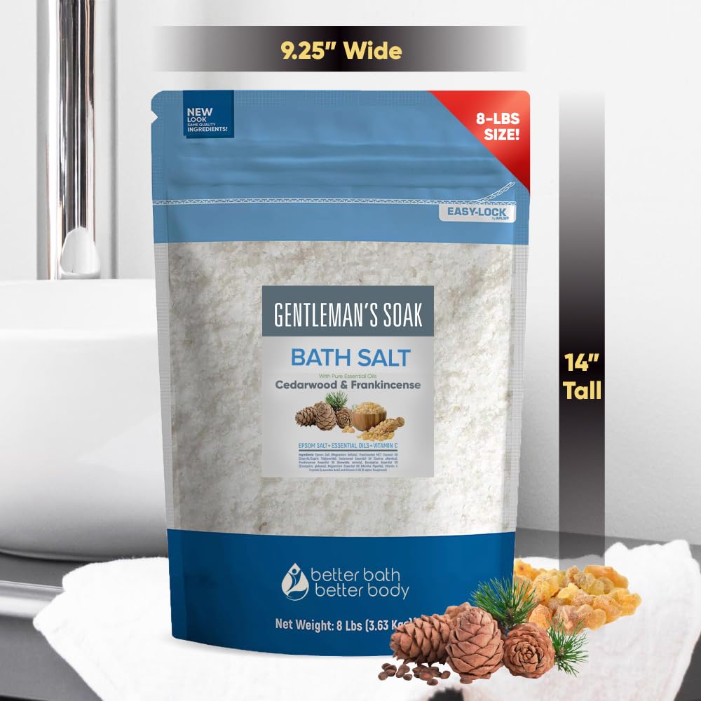 Gentleman's Bath Salt 128 Ounces Epsom Salt with Natural Cedarwood, Frankincense, Eucalyptus and Peppermint Essential Oils Plus Vitamin C in BPA Free